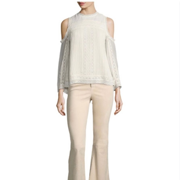 Alice and Olivia Ophelia Eyelet Lace Cold-Shoulder Ivory Blouse - Picture 3 of 15